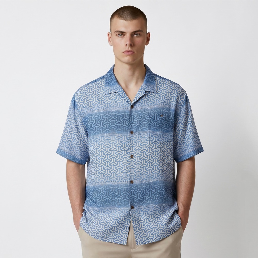 Tommy Bahama Silk Camp Shirt Mens 3XL Blue Geometric Ombre Short Sleeve Summer